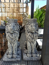 Load image into Gallery viewer, Antique Grey Pair of  Stone Statue Lions  With Crown Ornament Reconstituted Stone
