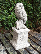 Load image into Gallery viewer, AGED STONE GARDEN SQUARE ROMAN PLINTH PEDESTAL AND Owl Statue Garden Ornament Set
