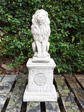 Load image into Gallery viewer, AGED STONE GARDEN SQUARE ROMAN PLINTH PEDESTAL AND Upright Large Lion Statue Set
