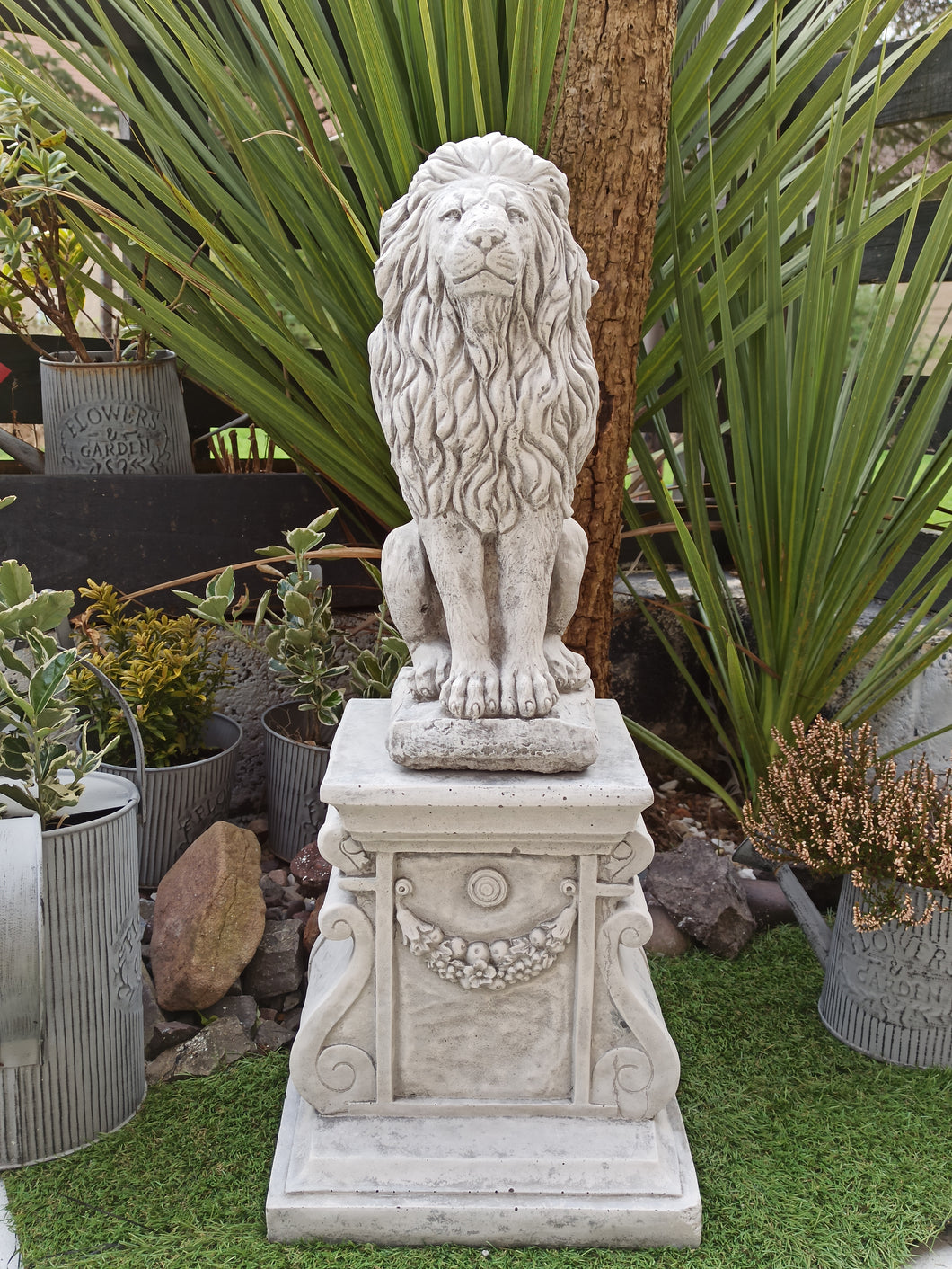 AGED STONE GARDEN SQUARE PLINTH PEDESTAL AND Upright Large Lion Statue Set