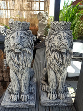 Load image into Gallery viewer, Antique Grey Pair of  Stone Statue Lions  With Crown Ornament Reconstituted Stone
