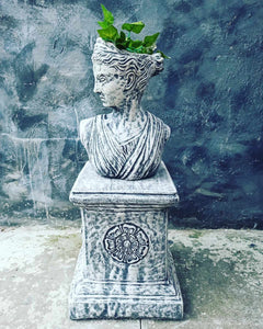 Athena  Bust Statue And Pedestal | Flower pot  Lady Greek God Sculpture Stone Garden Ornament Art