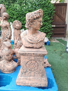 Terracotta Apollo Bust Statue And Pedestal | Flower pot  Lady Greek God Sculpture Stone Garden Ornament Art