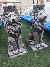 Load image into Gallery viewer, Pair of Stone Statue Lions  With Crown Ornament Reconstituted Stone Black wash
