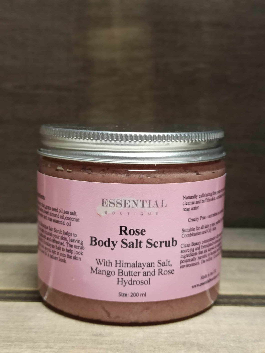 Essential Boutique Rose Body Salt Scrub With Himalayan Pink Salt UK Made 200ml