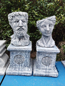 Roman citizens on pedestals concrete planters set stone ornaments pair