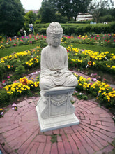 Load image into Gallery viewer, AGED STONE GARDEN SQUARE PLINTH PEDESTAL AND BUDDHA MEDITATING ORNAMENT SET
