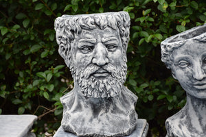 Roman citizens on pedestals concrete planters set stone ornaments pair