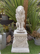 Load image into Gallery viewer, AGED STONE GARDEN SQUARE PLINTH PEDESTAL AND Upright Large Lion Statue Set
