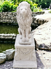 Load image into Gallery viewer, AGED STONE GARDEN SQUARE PLINTH PEDESTAL AND Upright Large Lion Statue Set
