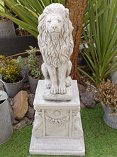 Load image into Gallery viewer, AGED STONE GARDEN SQUARE PLINTH PEDESTAL AND Upright Large Lion Statue Set
