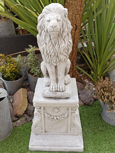 AGED STONE GARDEN SQUARE PLINTH PEDESTAL AND Upright Large Lion Statue Set