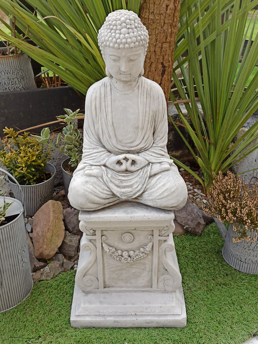AGED STONE GARDEN SQUARE PLINTH PEDESTAL AND BUDDHA MEDITATING ORNAMENT SET