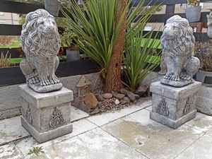 Pair of Large Lions On Plinths Stone Concrete Animal Garden Ornament Lion Statue 250kg