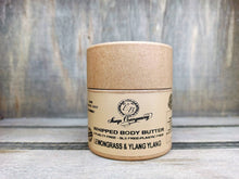 Load image into Gallery viewer, Vegan Plastic Free Whipped  body butter Lemongrass &amp; Ylang Ylang eco friendly packaging
